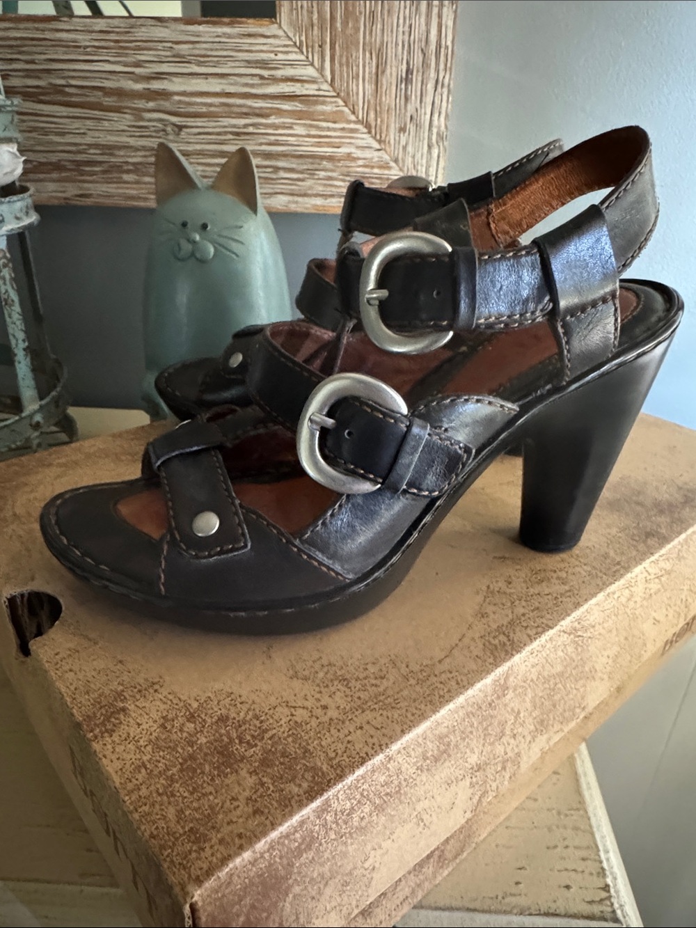 Born Black Leather Buckle High-Heel Sandals